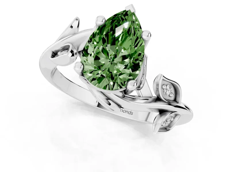 Fancy Green Pear Cut Diamond Solitaire Twist Engagement Ring Set in Silver with Pavé Leaf Accents
