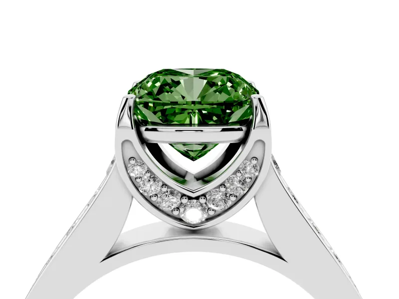 Fancy Green Cushion Cut Diamond Solitaire Pavé Engagement Ring Set in White gold with Prong Setting