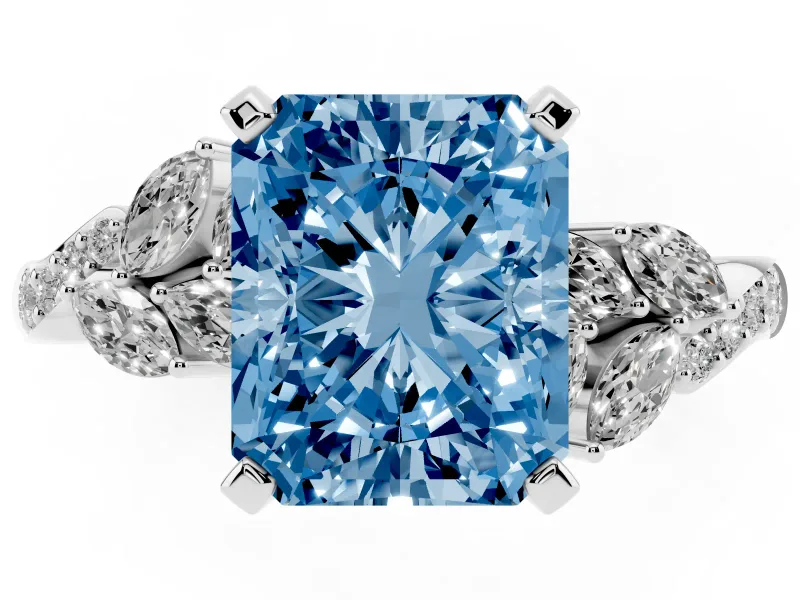 Fancy Blue Radiant Cut Diamond Solitaire Ring Set in White gold with Marquise Twist Band and Prong Setting
