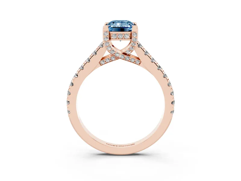 Emerald Cut Hidden Halo Pave Engagement Ring Setting for a Fancy Blue Lab-Grown Diamond | Claw Prongs | Rose Gold