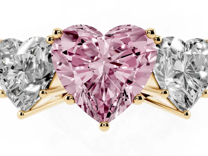 Heart-Shaped Three Stone Engagement Ring Setting for a Fancy Pink Lab-Grown Diamond | Beaded Shoulders | Yellow Gold