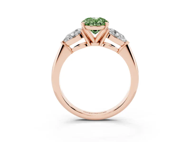 Fancy Green Three-Stone Oval Cut Diamond Ring Set in Rose gold with Pear Side Stones and Prong Setting