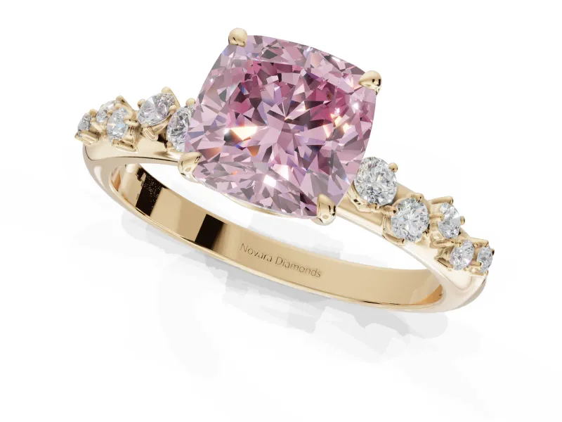 Cushion Cut Graduated Solitaire Engagement Ring Setting for a Fancy Pink Lab-Grown Diamond | Yellow Gold