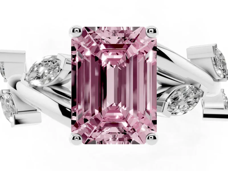 Fancy Pink Emerald Cut Diamond Solitaire Ring Set in Platinum with Twisted Marquise Accent Band