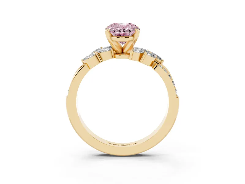 Fancy Pink Oval Cut Diamond Solitaire Ring Set in Yellow gold with Marquise Twist Band and Prong Setting