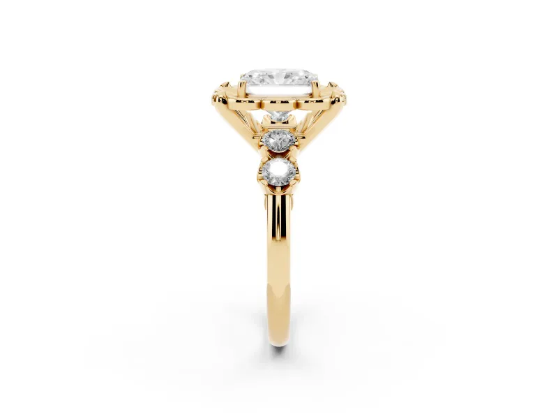 Radiant Cut Diamond Floral Halo Ring Set in Yellow gold with Shared Prong Band