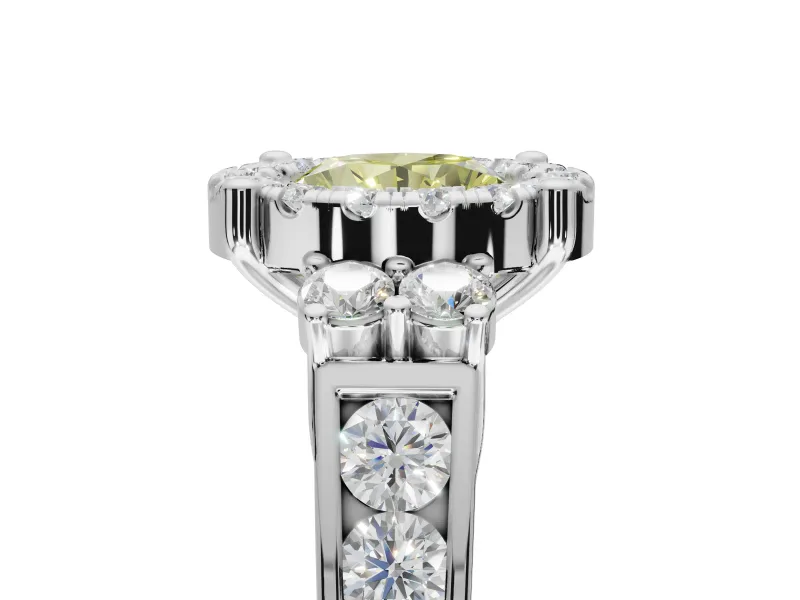 Round Halo Engagement Ring Setting for a Fancy Yellow Lab-Grown Diamond | Side Clusters | Platinum