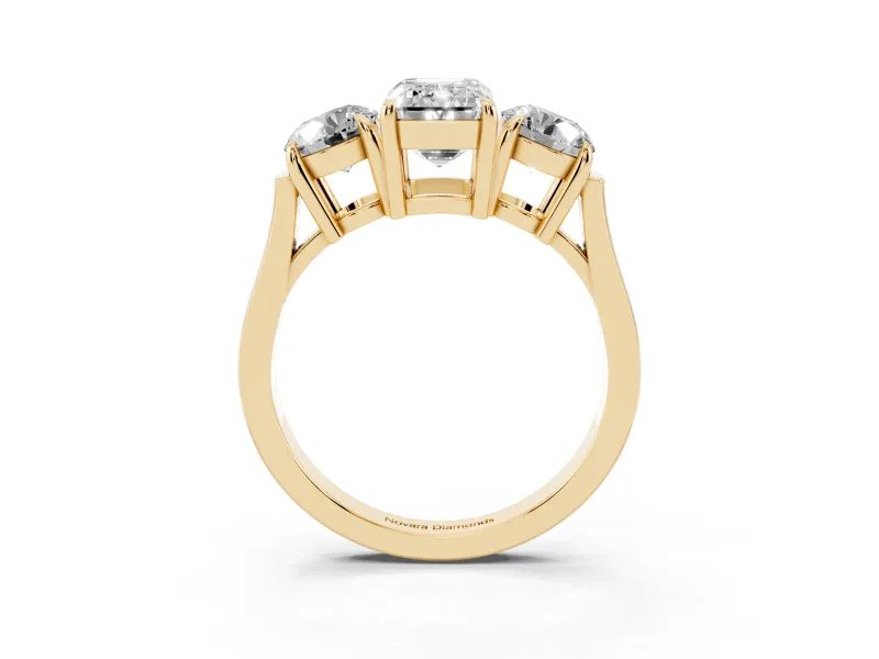 Emerald Cut Three Stone Engagement Ring Setting | Round Side Stones and Open Baskets | Yellow Gold