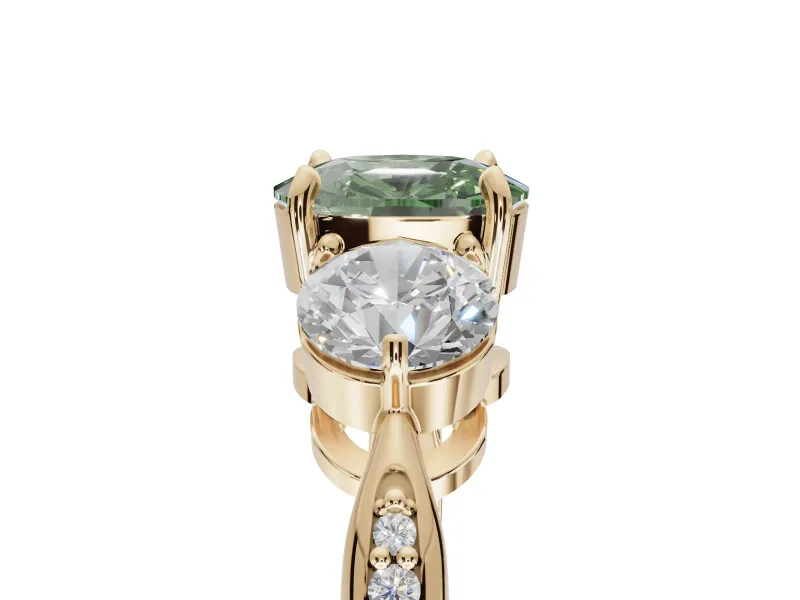 Cushion Cut Three Stone Engagement Ring Setting for a Fancy Green Lab-Grown Diamond | Tapered Pave Band | Yellow Gold