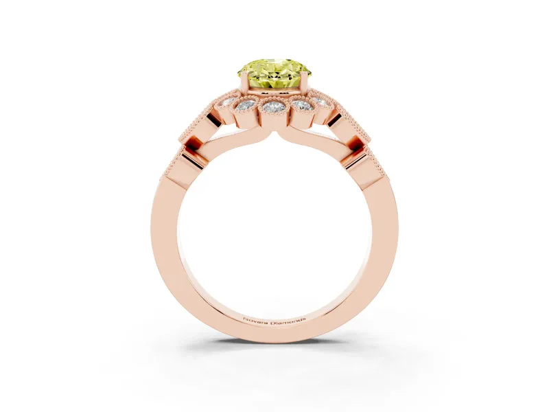 Oval Scalloped Halo Engagement Ring Setting for a Fancy Yellow Lab-Grown Diamond | Heart Pavé Band | Rose Gold