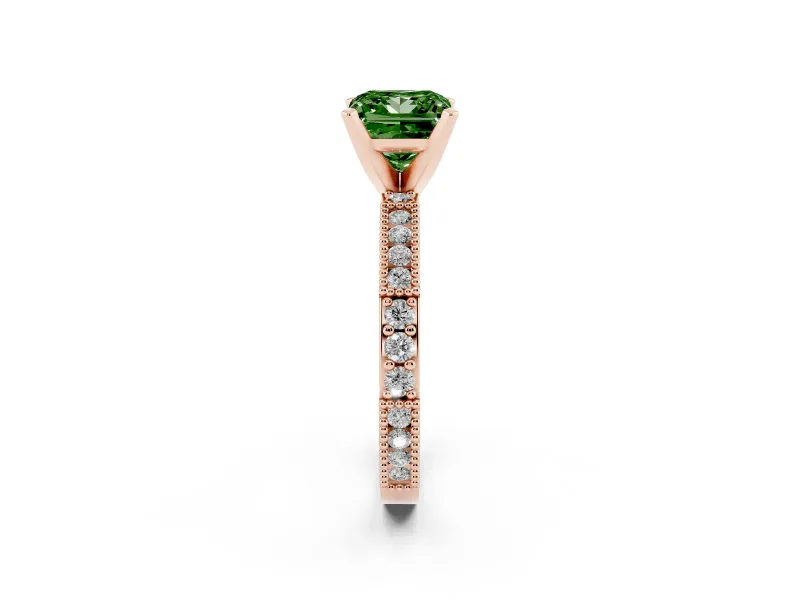 Fancy Green Princess Cut Diamond Solitaire Ring Set in Rose gold with Slim Pavé Band and Prong Setting