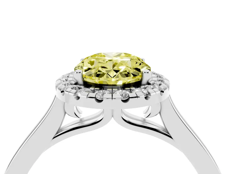 Fancy Yellow Oval Cut Halo Round Diamond Solitaire Ring Set in Platinum with Pavé Band and Prong Setting