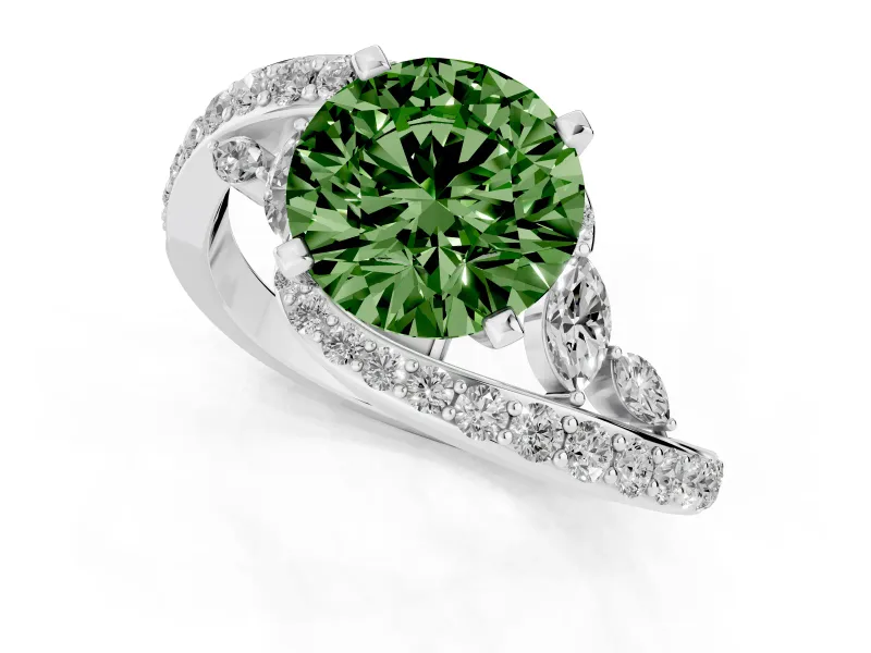 Fancy Green Round Cut Diamond Solitaire Ring Set in Silver with Pavé Twist Band and Secure Prong Setting