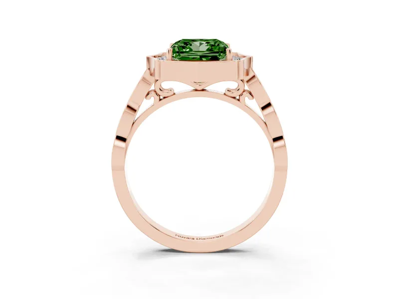 Princess Cut Vintage Scalloped Halo Engagement Ring Setting for a Fancy Green Lab-Grown Diamond | Pave Band | Rose Gold
