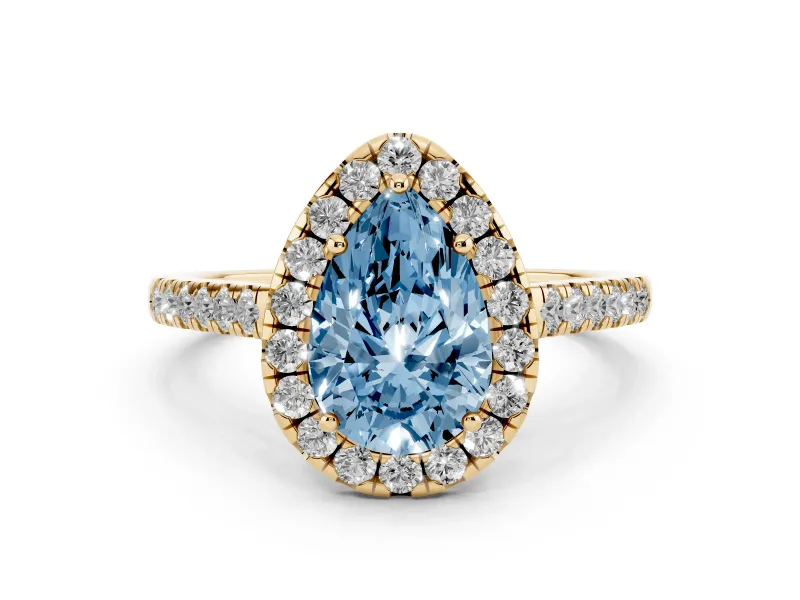 Fancy Blue Pear Cut Diamond Halo Pavé Engagement Ring Set in Yellow gold with Prong Setting