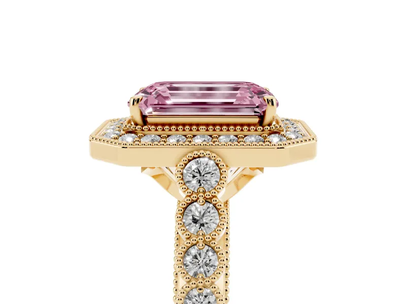 Emerald Cut Graduated Milgrain Halo Engagement Ring Setting for a Fancy Pink Lab-Grown Diamond | Yellow Gold