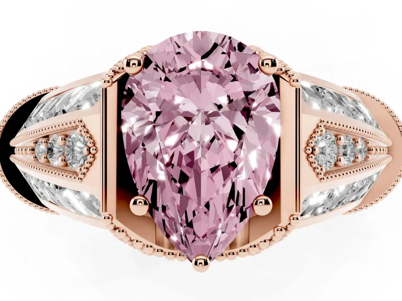 Fancy Pink Pear Cut Diamond Vintage-Inspired Milgrain Ring Set in Rose gold with Accent Split Shank