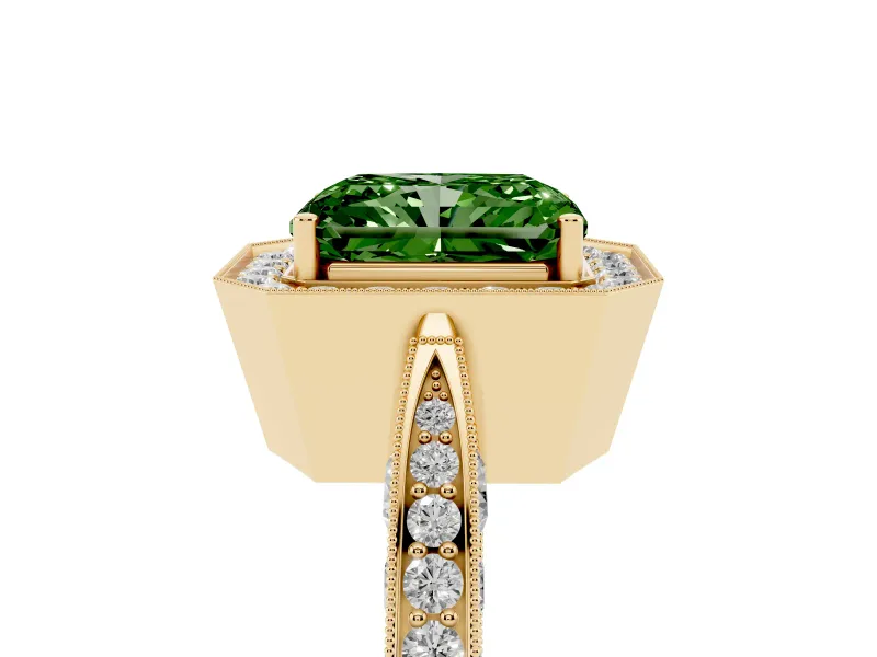 Radiant Cut Milgrain Halo Engagement Ring Setting for a Fancy Green Lab-Grown Diamond | Side Stones | Yellow Gold
