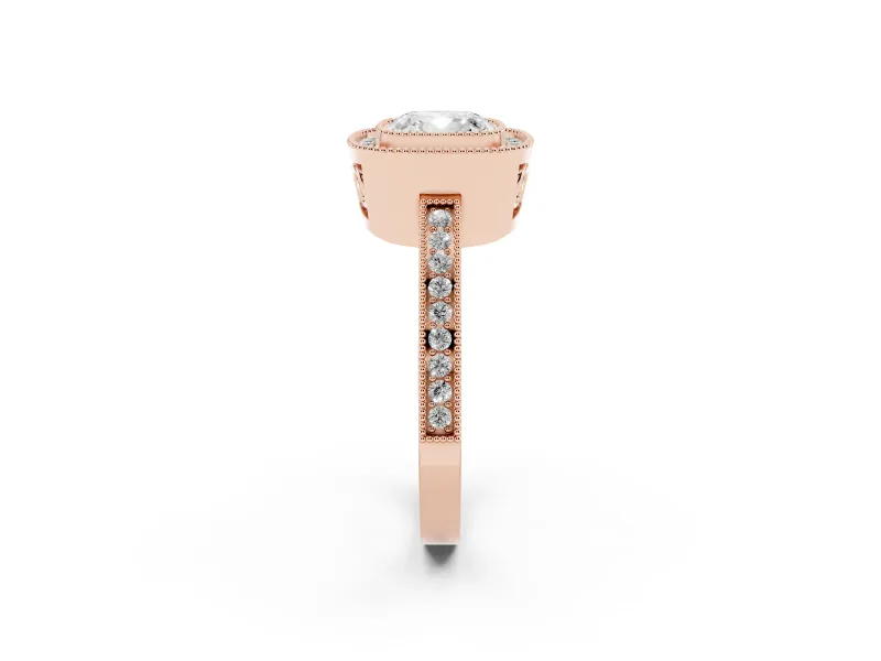 Cushion Cut Vintage Milgrain Halo Engagement Ring Setting | Filigree Gallery | Rose Gold