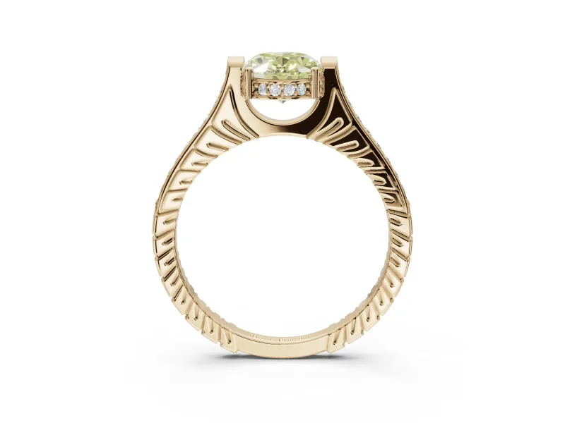 Oval Vintage Cathedral Engagement Ring Setting for a Fancy Yellow Lab-Grown Diamond | Carved Band | Yellow Gold