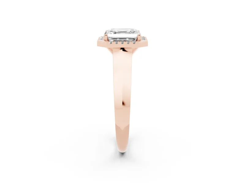 Asscher Cut Diamond Halo Ring Set in Rose gold with Cathedral Band and Prong Setting