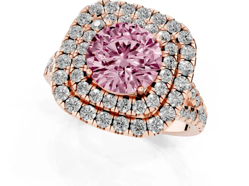 Round Halo Split Shank Engagement Ring Setting for a Fancy Pink Lab-Grown Diamond | Pavé Strands | Rose Gold