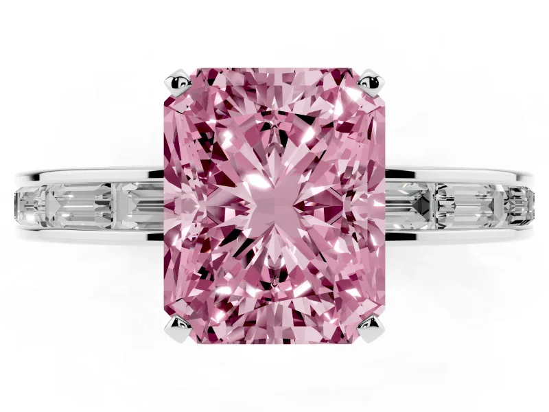 Fancy Pink Radiant Cut Diamond Solitaire Ring Set in Platinum with Channel-Set Baguette Band and Prong Setting