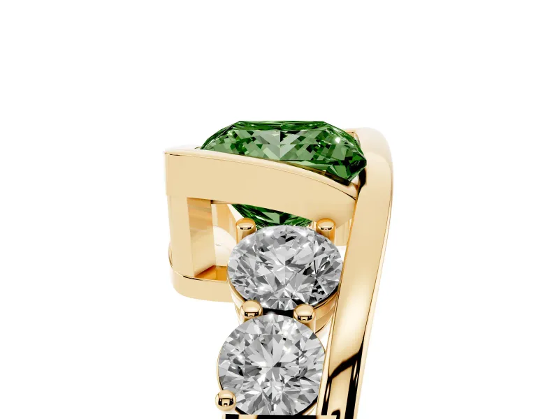 Fancy Green Princess Cut Diamond Bezel Bypass Ring Set in Yellow gold with Round Accents