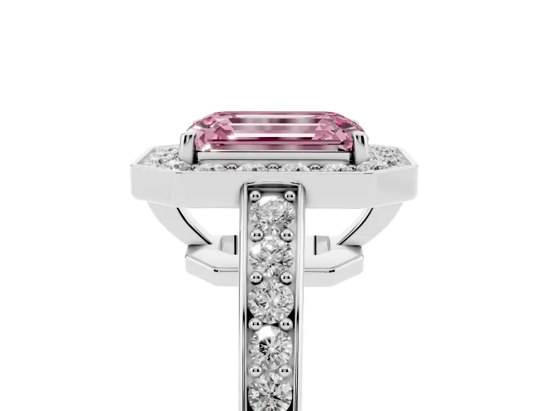 Fancy Pink Emerald Cut Diamond Halo Pavé Engagement Ring Set in White gold with Bezel Setting