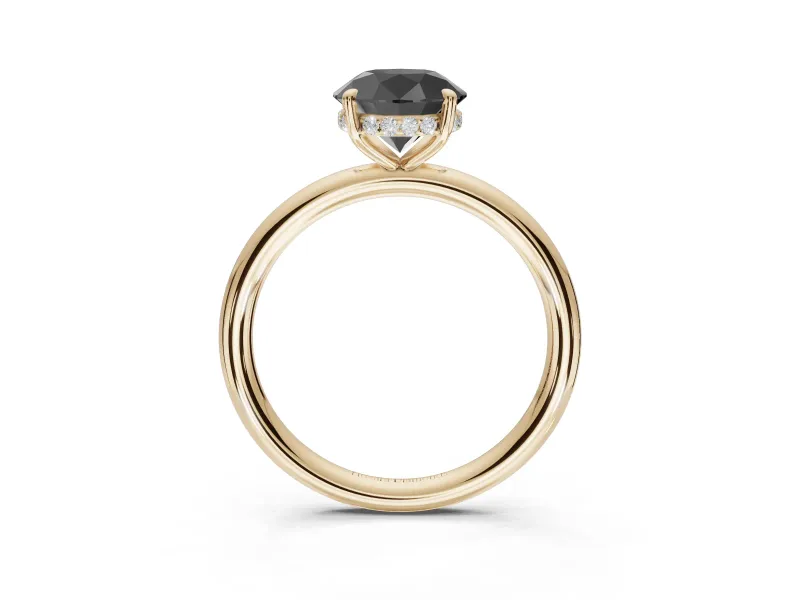 Round Hidden Halo Engagement Ring Setting for a Black Center | Thin Plain Band | Yellow Gold