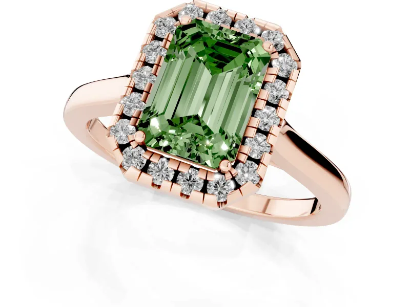 Fancy Green Emerald Cut Halo Round Diamond Solitaire Ring Set in Rose gold with Pavé Band and Prong Setting