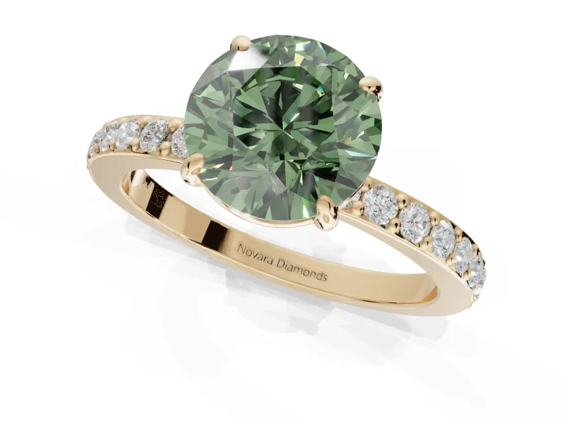 Round Hidden Halo Engagement Ring Setting for a Fancy Green Lab-Grown Diamond | Pavé Band | Yellow Gold