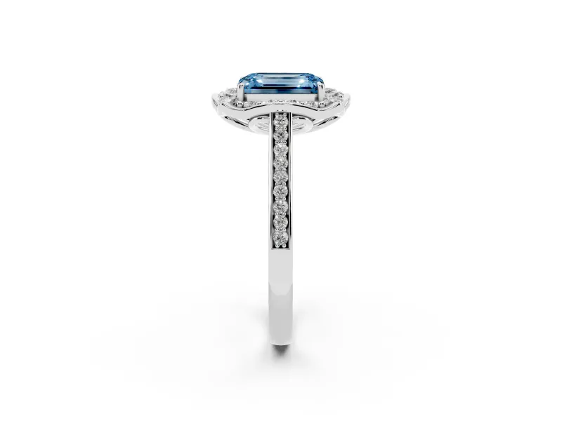 Emerald Cut Halo Engagement Ring Setting for a Fancy Blue Lab-Grown Diamond | Petal Tips | Platinum