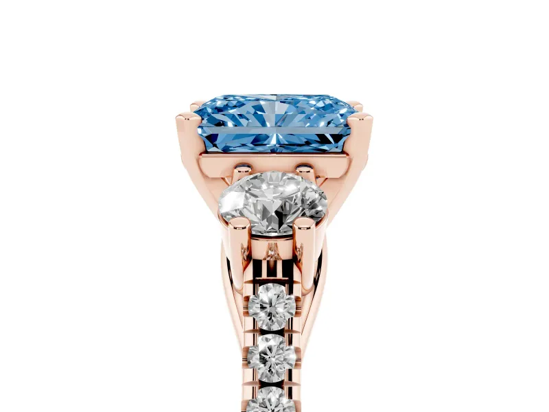 Radiant Cut Three-Stone Engagement Ring Setting for a Fancy Blue Lab-Grown Diamond | Rose Gold