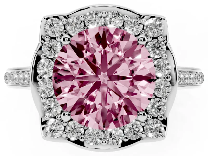 Round Halo Engagement Ring Setting for a Fancy Pink Lab-Grown Diamond | Petal Tips | Platinum