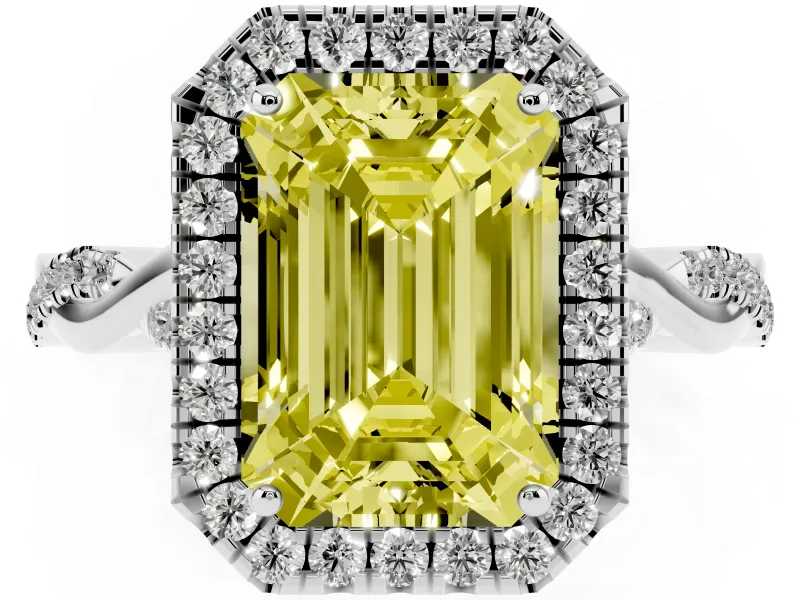 Emerald Cut Halo Engagement Ring Setting for a Fancy Yellow Lab-Grown Diamond | Pavé Twist Band | Sterling Silver