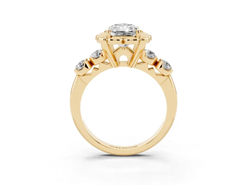 Radiant Cut Diamond Floral Halo Ring Set in Yellow gold with Shared Prong Band