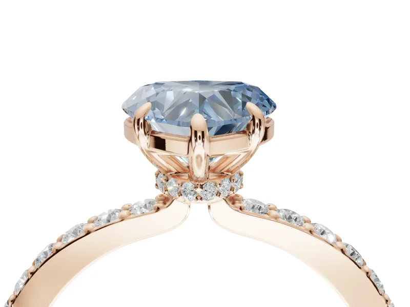 Heart-Shaped Hidden Halo Engagement Ring Setting for a Fancy Blue Lab-Grown Diamond | Pavé Band | Rose Gold