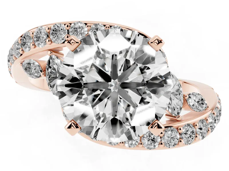 Round Cut Diamond Solitaire Ring Set in Rose gold with Pavé Twist Band and Secure Prong Setting