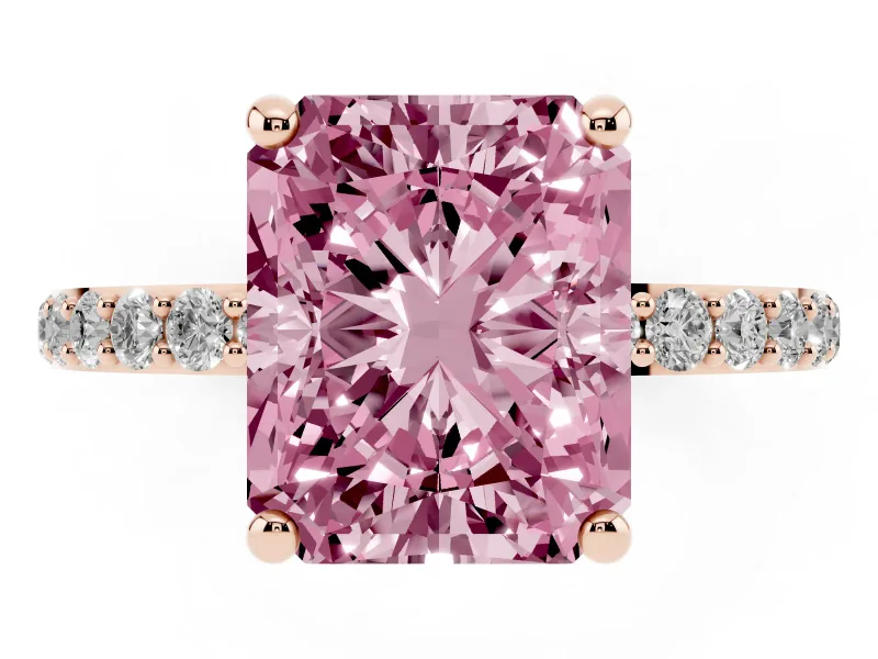 Fancy Pink Radiant Cut Diamond Solitaire Ring Set in Rose gold with Round Pavé Band and Prong Setting
