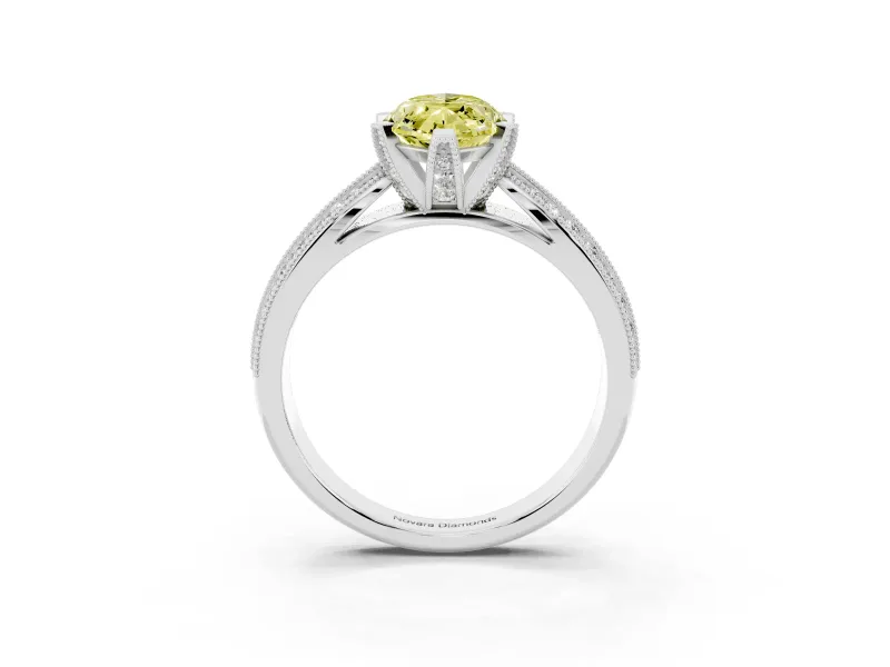 Fancy Yellow Marquise Cut Diamond Solitaire Ring Set in White gold with Milgrain Double Row Round Pavé Band