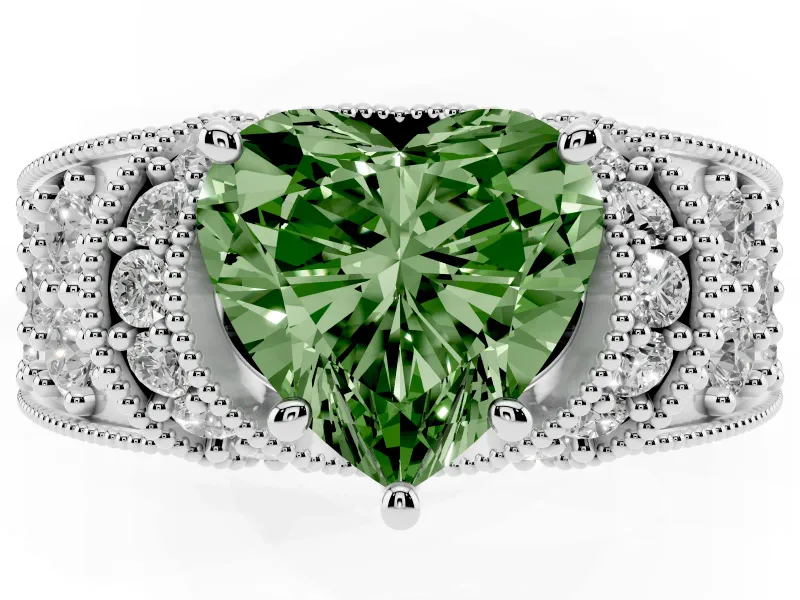 Heart-Shaped Vintage Pave Engagement Ring Setting for a Fancy Green Lab-Grown Diamond | Milgrain Edges | Platinum
