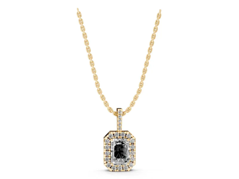 Emerald Cut Lab-Grown Diamond Halo Pendant Necklace | Graduated Pavé Bail | Yellow Gold