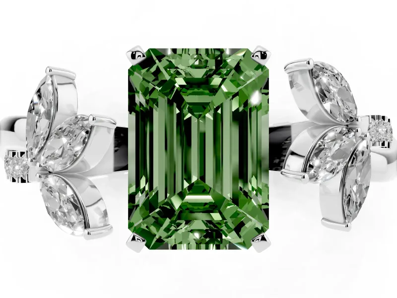 Fancy Green Emerald Cut Diamond Floral Vine Solitaire Engagement Ring Set in Platinum with Marquise Leaves