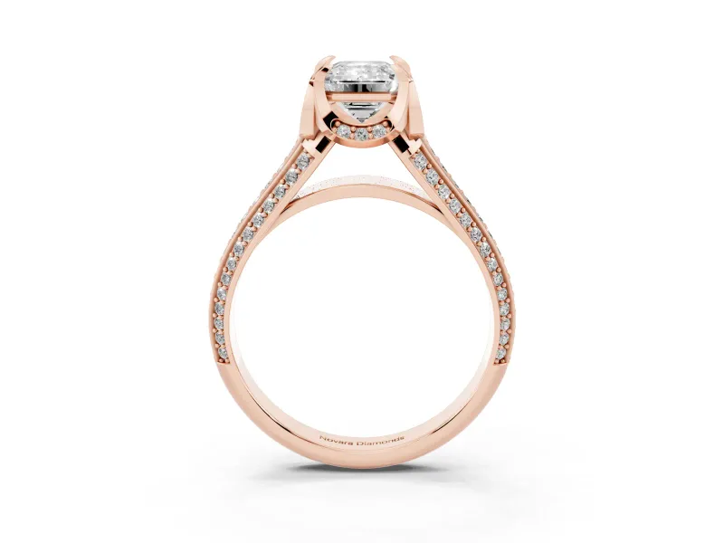 Emerald Cut Diamond Pavé Split Shank Solitaire Ring Set in Rose gold with Prong Setting