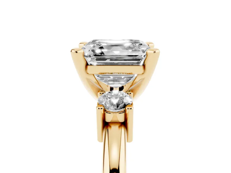 Three-Stone Asscher Cut Diamond Ring Set in Yellow gold with Prong Setting and Plain Band