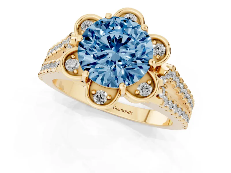 Round Floral Halo Engagement Ring Setting for a Fancy Blue Lab-Grown Diamond | Pavé Split Shank | Yellow Gold