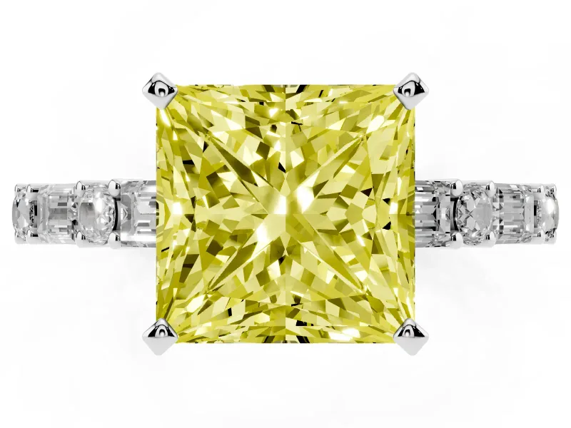 Fancy Yellow Princess Cut Diamond Solitaire Set in Silver with Side Baguettes and Channel Set Band