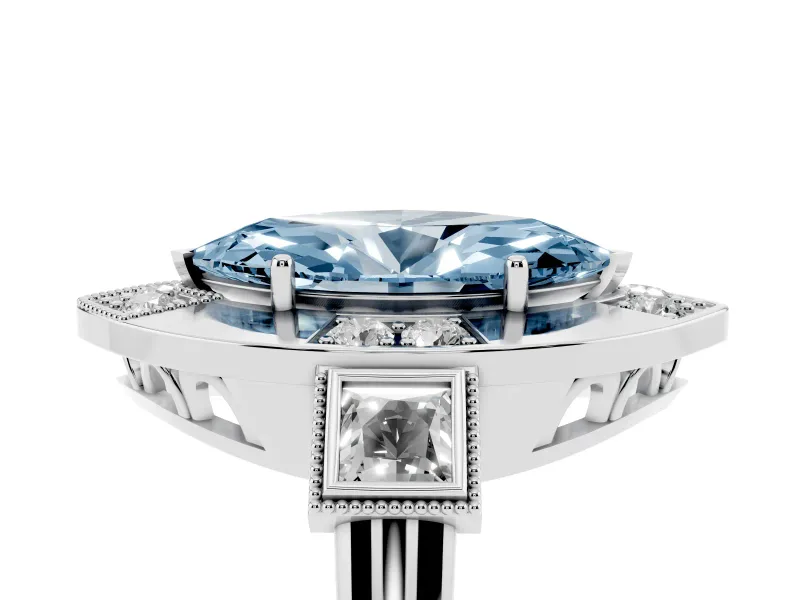 Fancy Blue Marquise Cut Diamond Milgrain Halo Ring Set in Silver with Split Shank