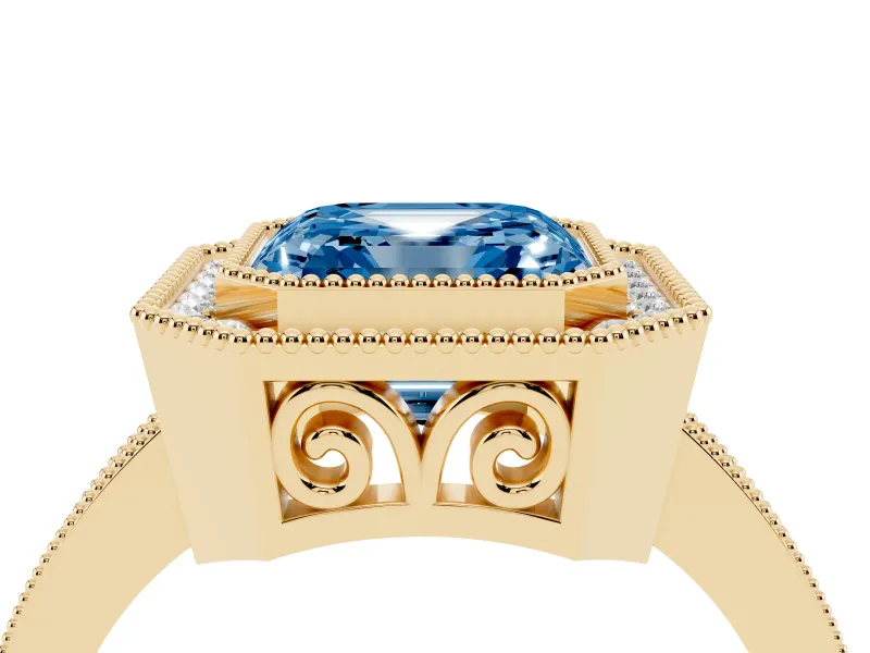 Fancy Blue Asscher Cut Diamond Halo Ring Set in Yellow gold with Pavé Band and Milgrain-Edged Prongs